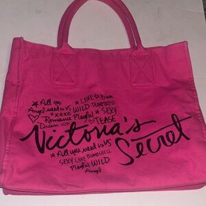 VICTORIA SECRET PINK CANVAS TOTE WITH BLACK SPARKLY WORDS ON FRONT PRELOVED